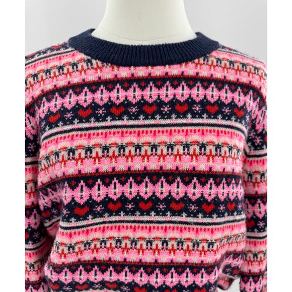 J Crew Fair Ise Sweater Navy Pink Heart Stripe Wool Knit Pullover M - Picture 1 of 9